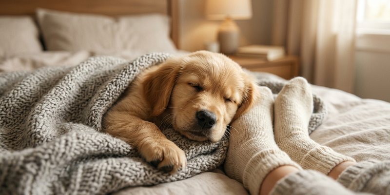 Dog sleeping at the foot of its owners bed