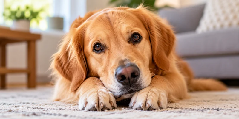 Golden retriever looking attentively at its owner with a soft, relaxed gaze.